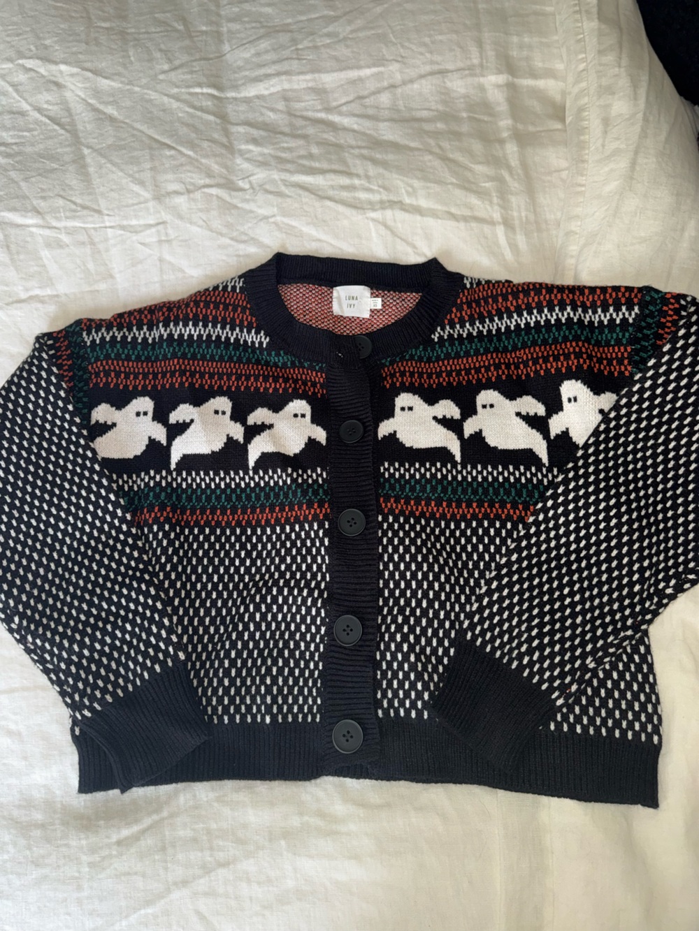 Woven Bird Motif Button-Up Cardigan - Navy